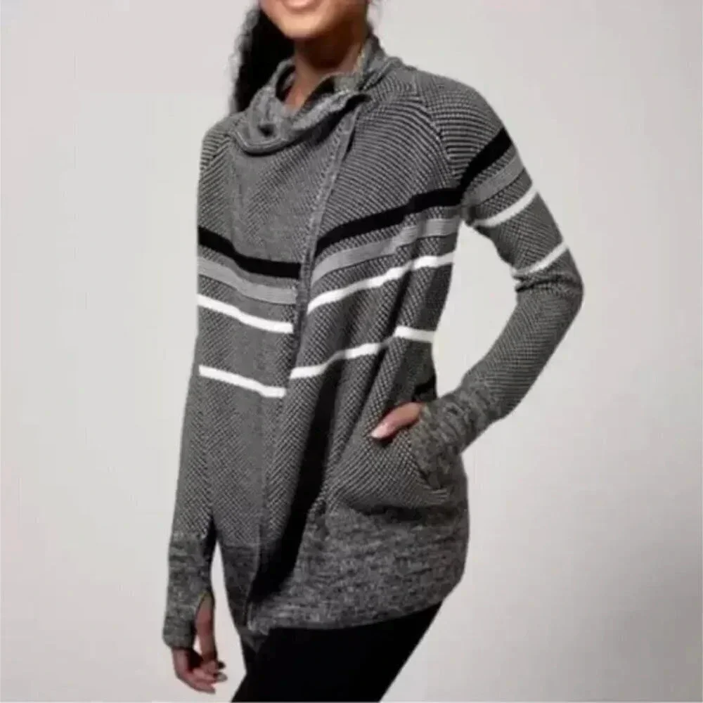 Ivivva Girls Size Feeling Toasty Cardigan Black Grey Stripe Wrap - Picture 1 of 16